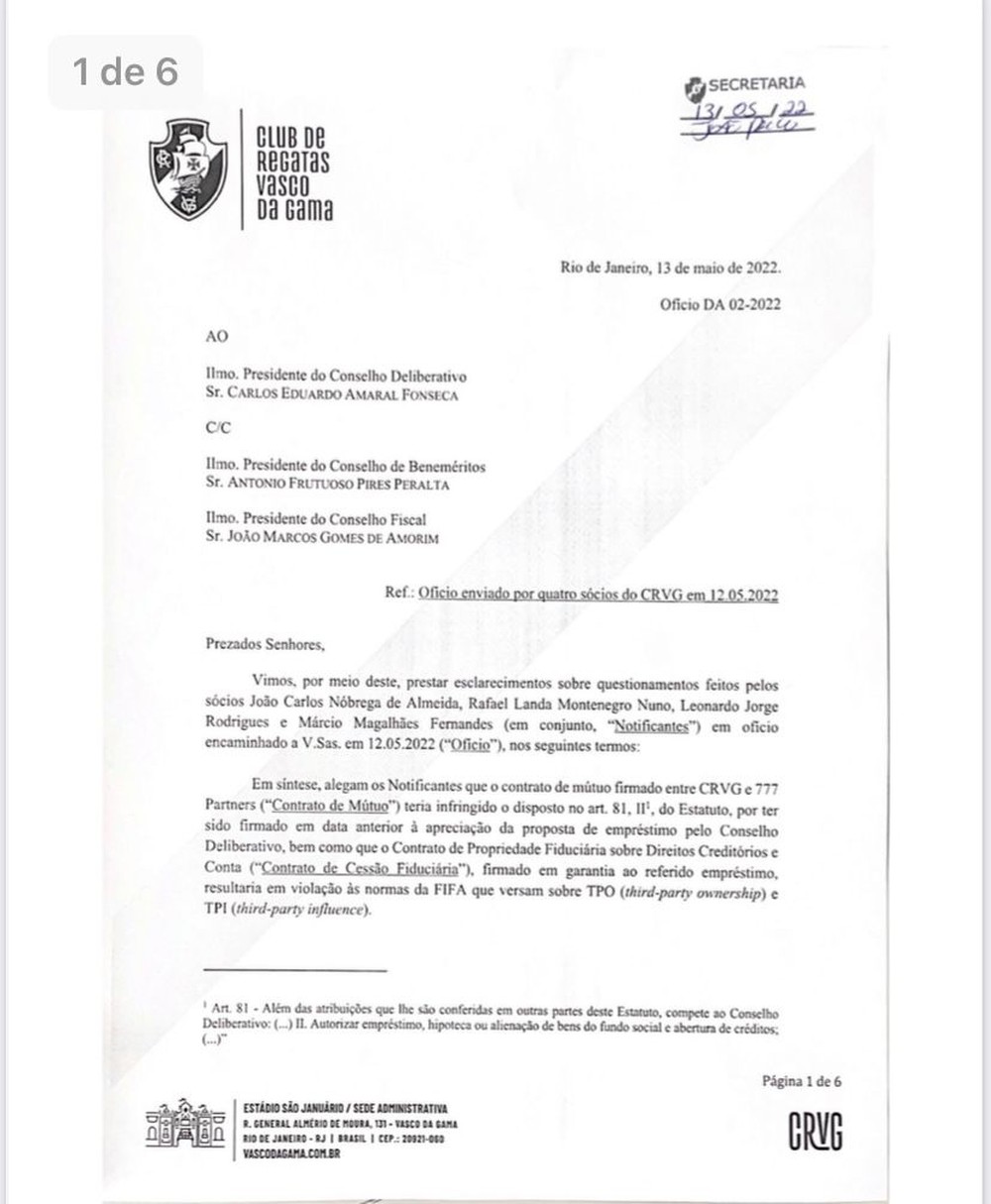 Vasco protocola ofício com respostas a questionamentos de opositores sobre garantias dadas a 777
