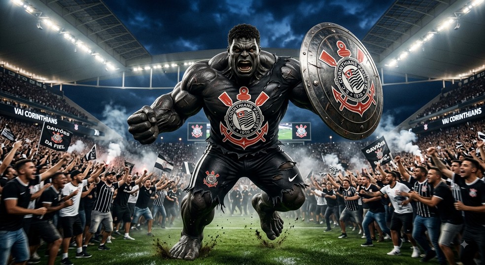 Hulk com as cores do Corinthians feito em Inteligência Artificial &mdash; Foto: Montagem feita por IA